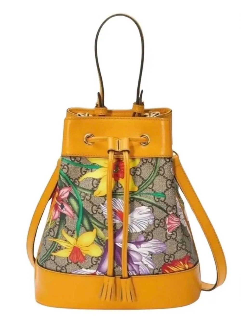 Gucci Yellow Floral GG Supreme Bucket Shoulder Bag. NEW ARRIVAL